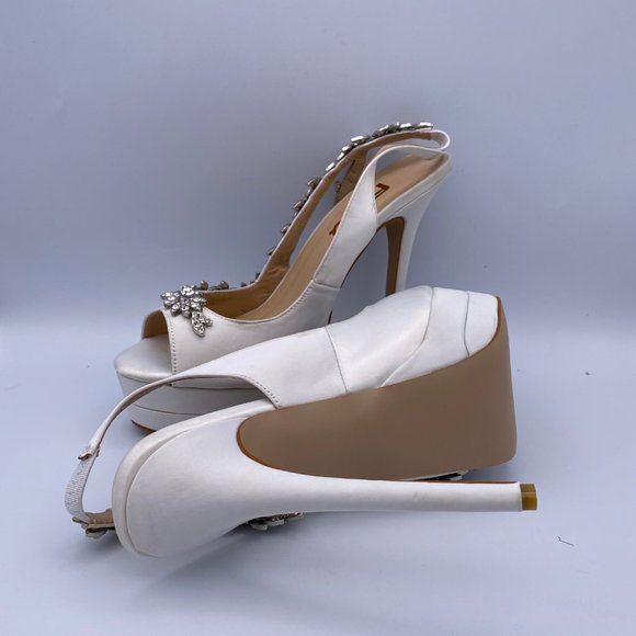 FSJ White Satin Slingback Bridal Heels Rhinestone - Picture 6 of 10